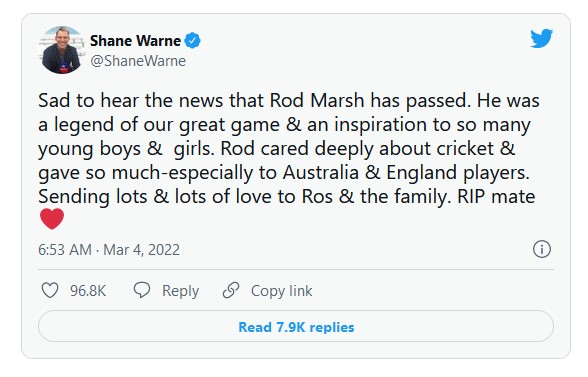Shane Warne also sent condolences on the death of Rodney Marsh.