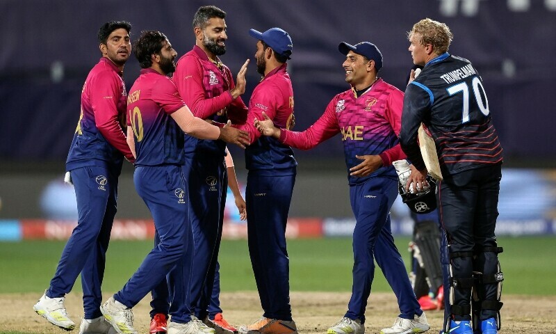 The UAE defeated Namibia by seven runs in their first-ever Twenty20 World Cup game on Thursday, sending the Netherlands